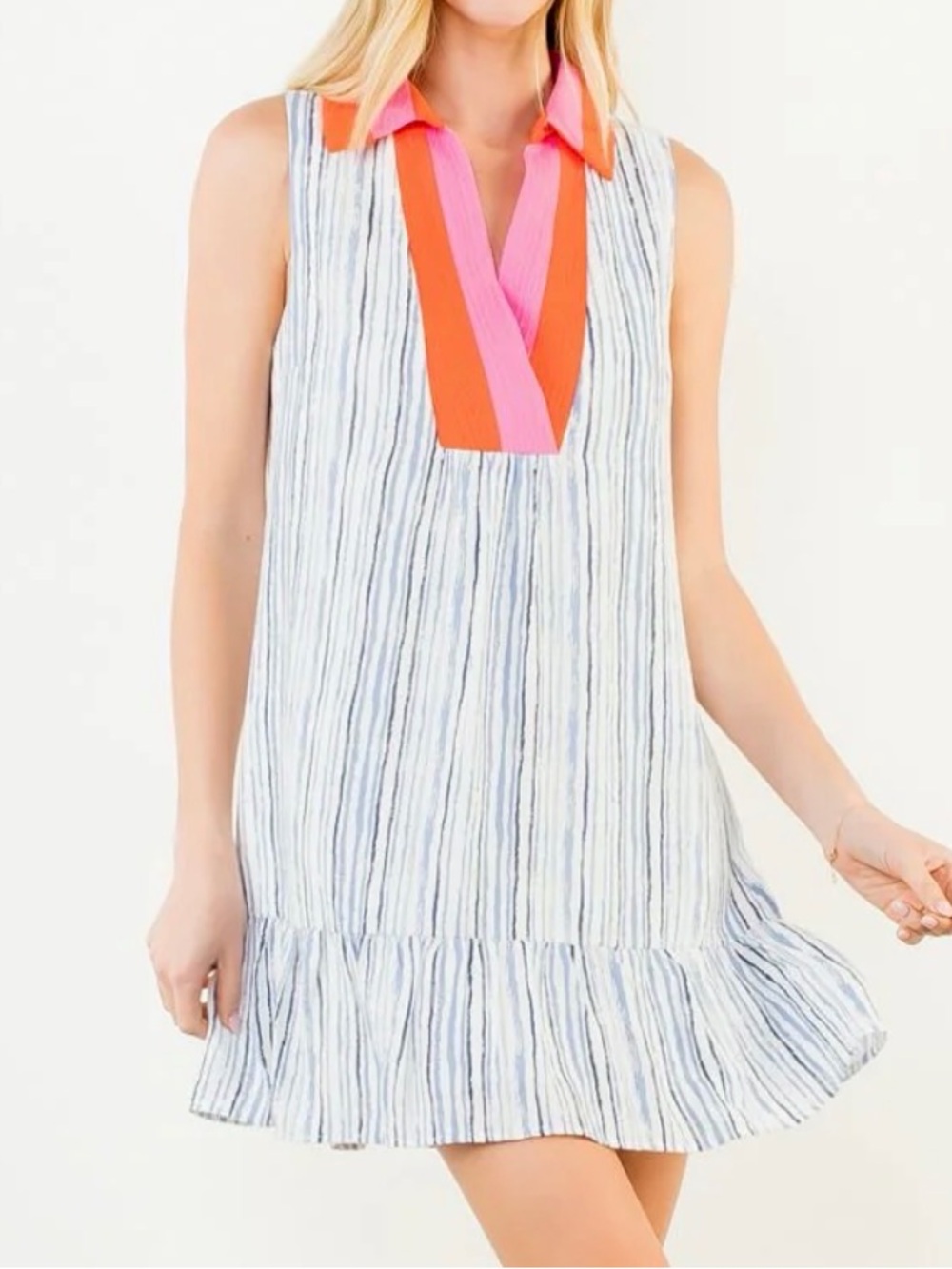 THML Striped Midi Dress with Pink and Orange Trim Size:L